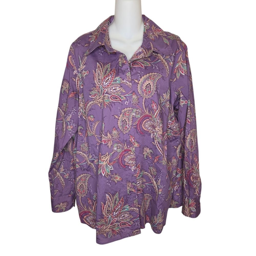 Coldwater Creek Vintage 90s  Purple Floral Paisley Button Up Blouse Top Size 2x